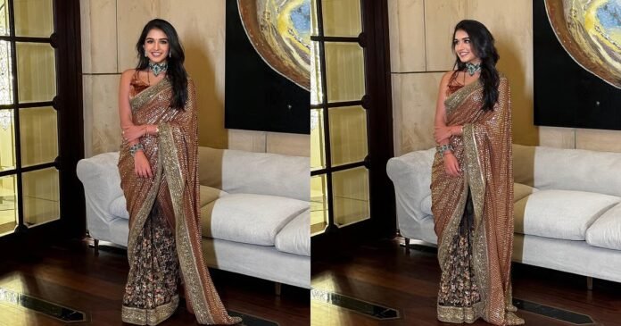 Radhika Ambani Turns Heads in an Elegant Embellished Bronze Saree as Bridesmaid at Close Friend’s Wedding